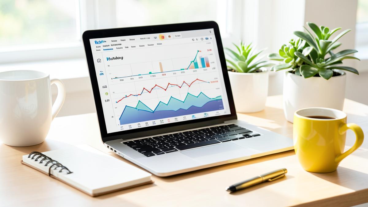 Mesa de trabalho com notebook exibindo gráficos de marketing