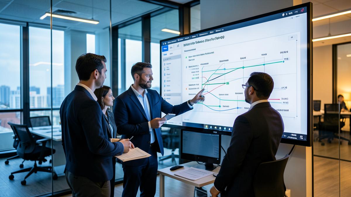 Equipe comercial analisando um funil de leads em uma tela grande